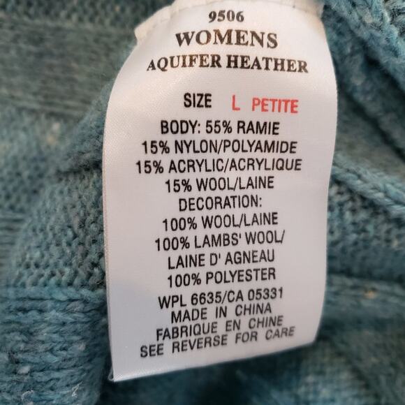 Woolrich Sweater Women L Petite Wool Blend Cross Stitch Knit Ribbed Aqua - Picture 5 of 6
